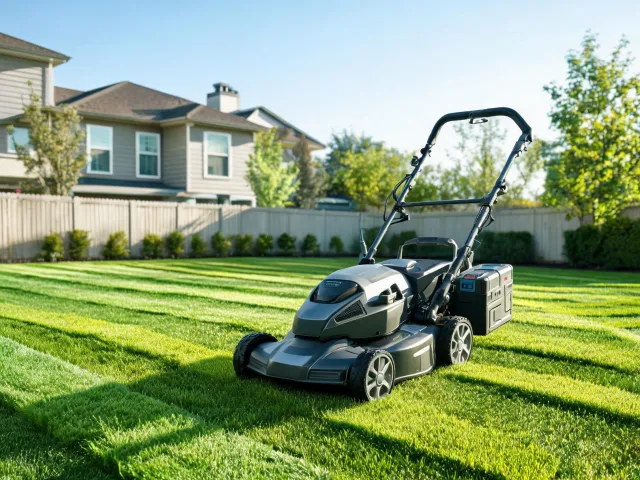 Battery lawn mower on a clean lawn