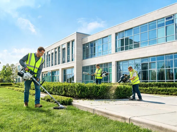 Landscape crew trimming a property edge