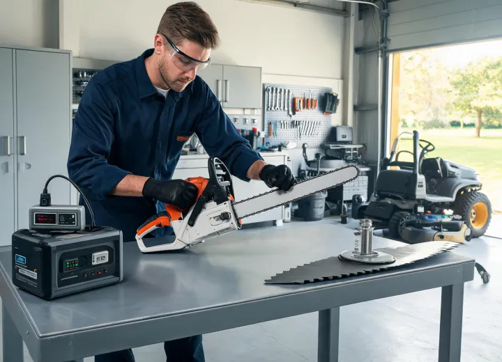 Dealer bench preparing a chainsaw